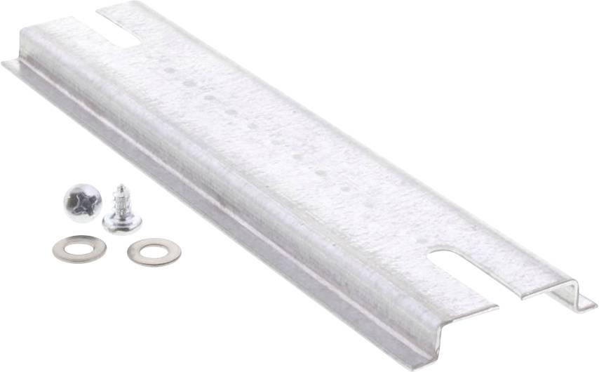 Metal mounting set comprising a long, rectangular rail, two screws, and two washers, for stable fixings.