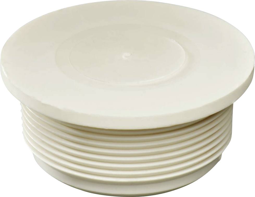 Round, beige plastic drain plug made of plastic with a ribbed edge and flat top surface, for use in sanitary pipework.