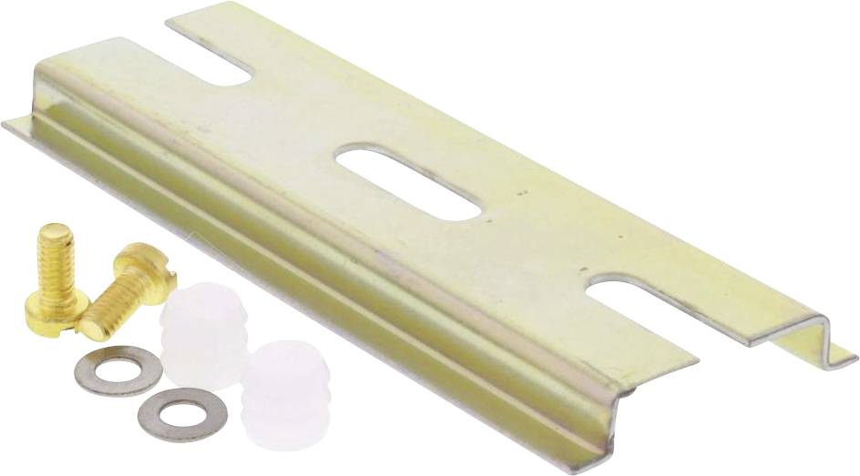 Metal angle brackets with screws and plastic washers, used for fixing to walls or other surfaces.