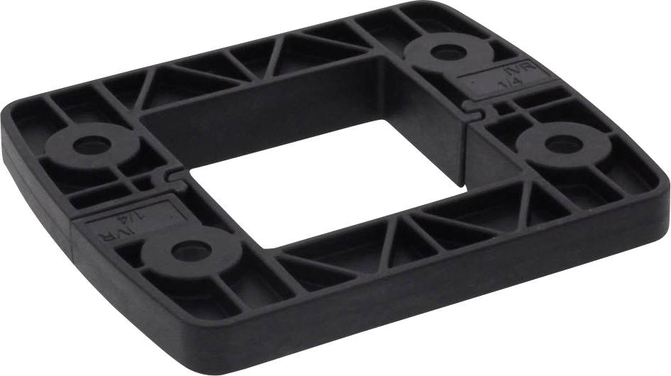 Black rectangular plastic plate with a central rectangular cut-out and four rounded corners, possibly used as a mounting bracket.
