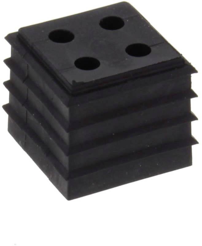 A black, square rubber buffer with ribbed sides and four round holes on the top surface.