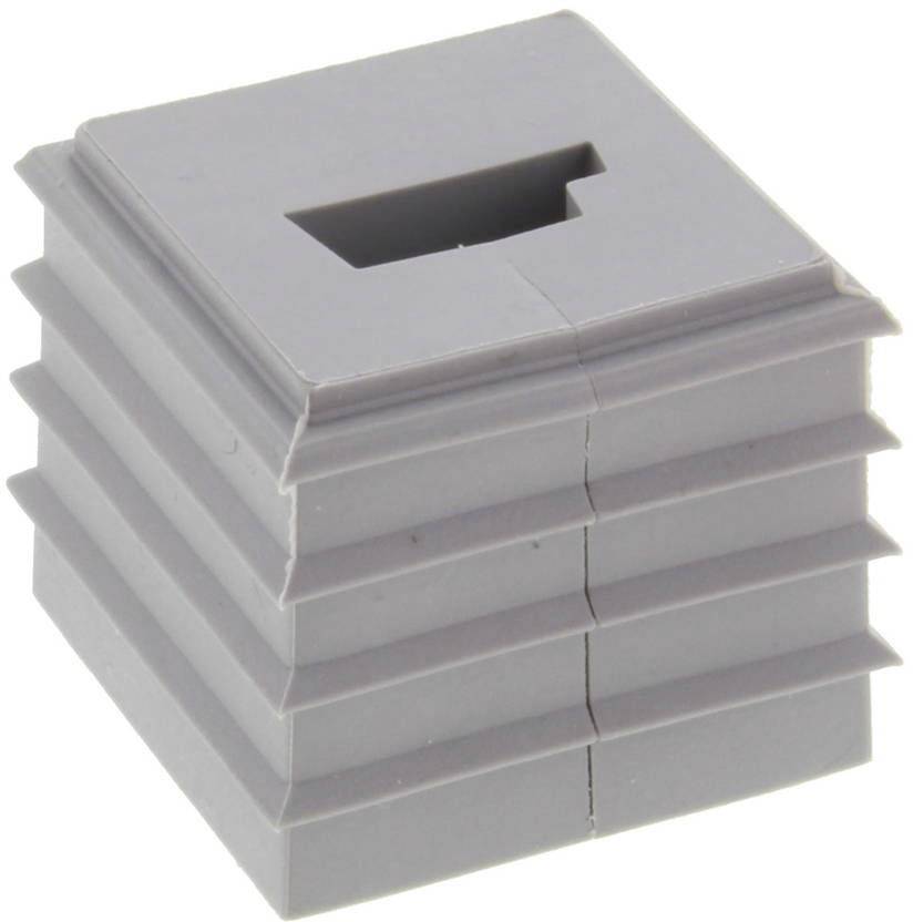 A square, grey plastic stopper with a laminated structure and a rectangular hole at the top, evidently designed for pipes.