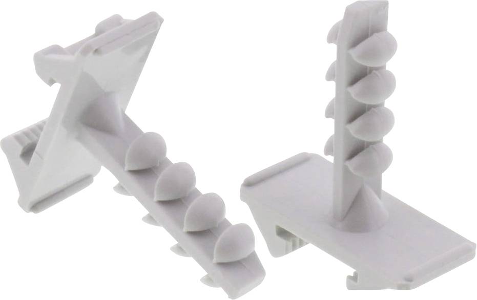 Two white plastic wall plugs with elongated, ribbed structures. They are standing freely and are intended for fixing into plasterboard walls.