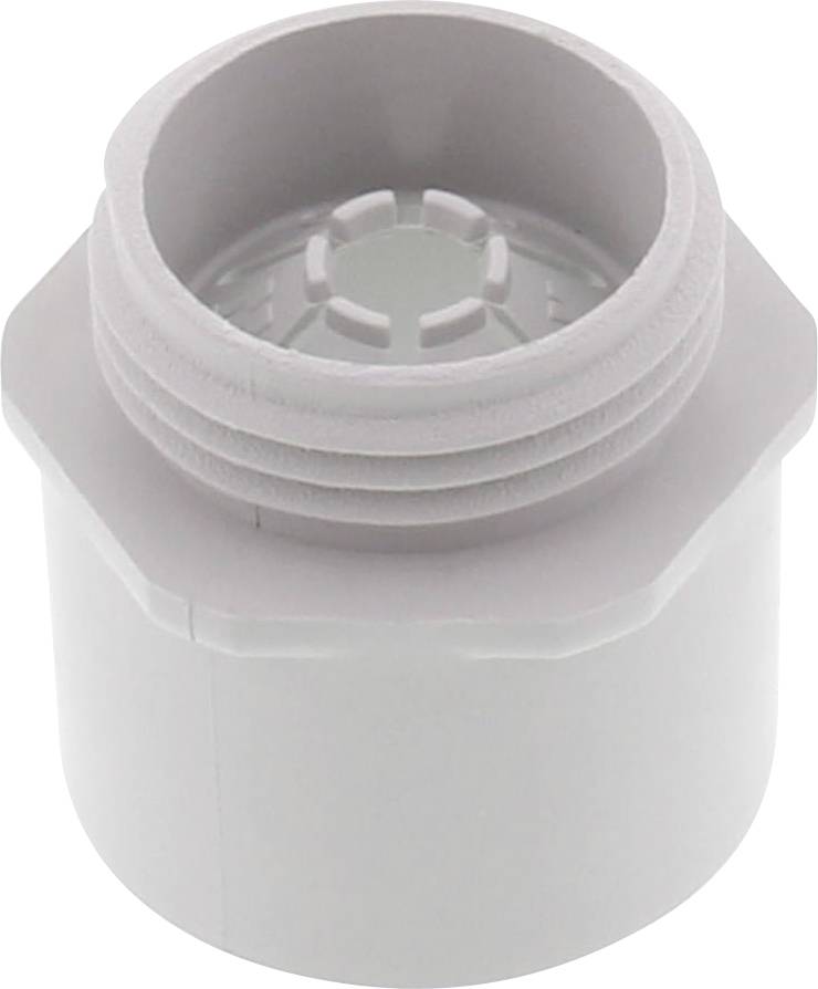 A white plastic adapter with a threaded upper end and a smooth exterior surface.