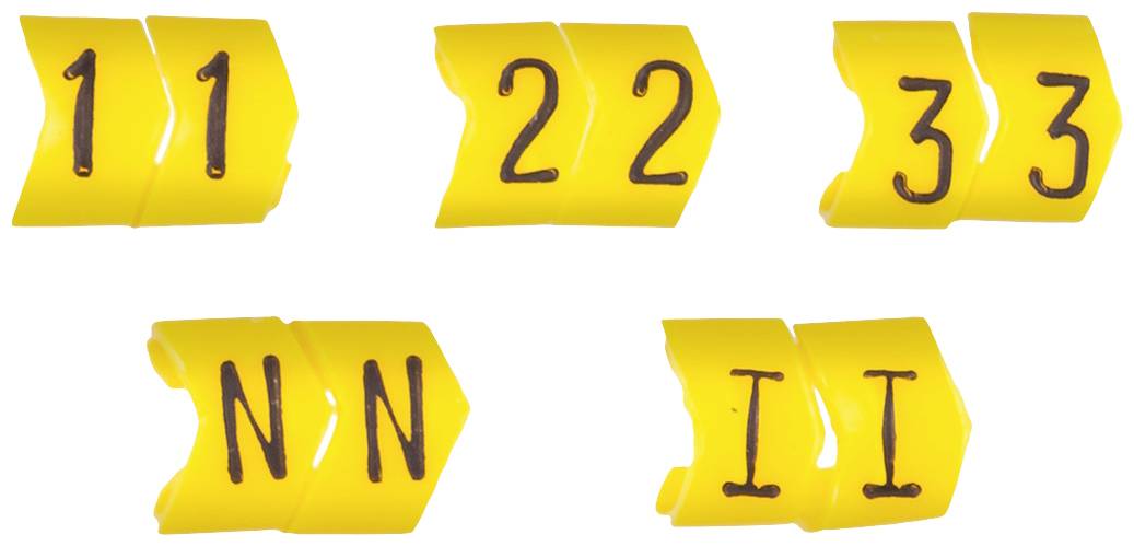 Yellow labels with brown text show number sequences '11', '22', '33' and letters 'NN', 'II'. They are cut at an angle.