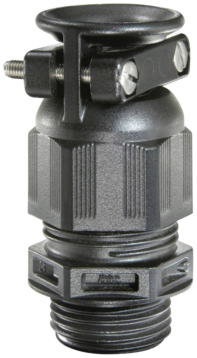 Black cable gland with thread and screw terminals. Used for secure connection in electrical installations.