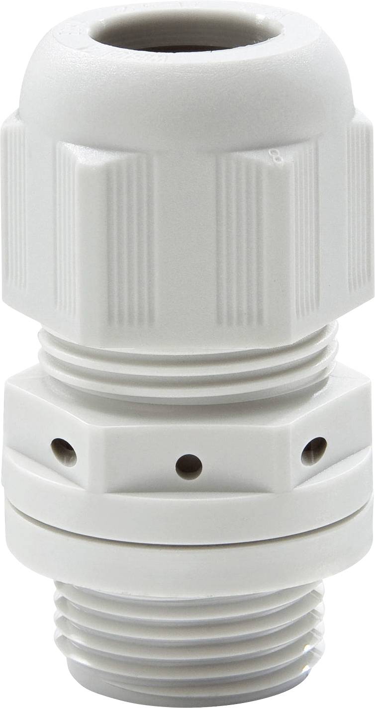 White cable gland with thread and knurled structure, suitable for cable sealing in electrical installations.