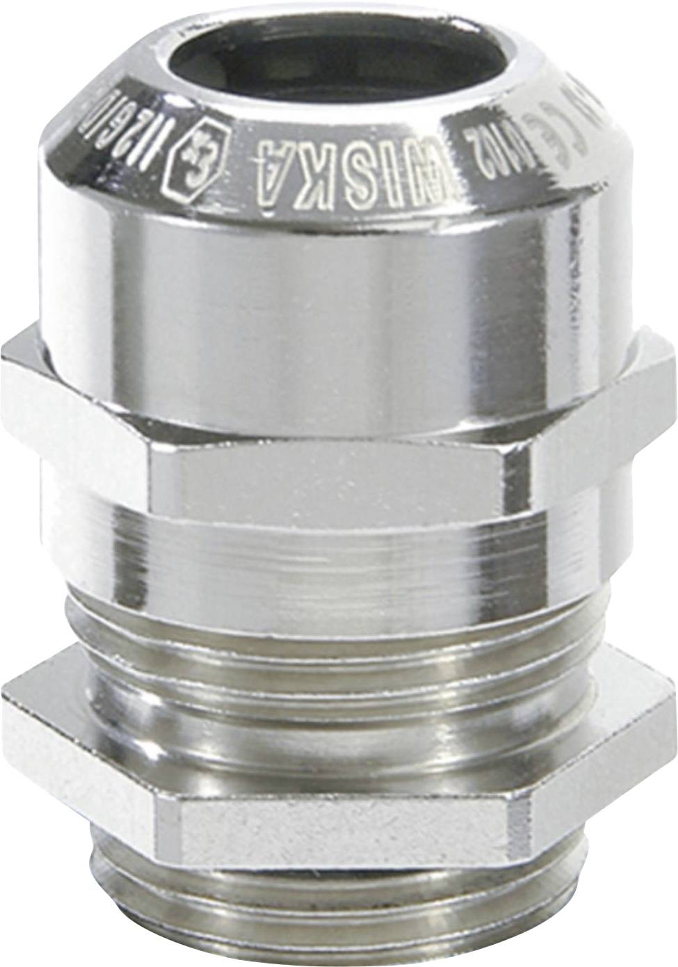 Metal cable gland with a polished surface, suitable for secure connection and sealing of cables in electrical applications.
