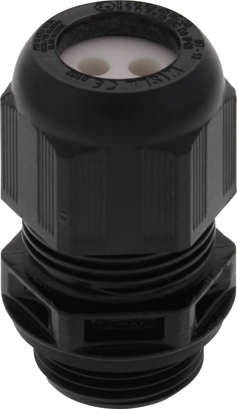 A black plastic cable gland for securing and sealing cables in electronic enclosures.