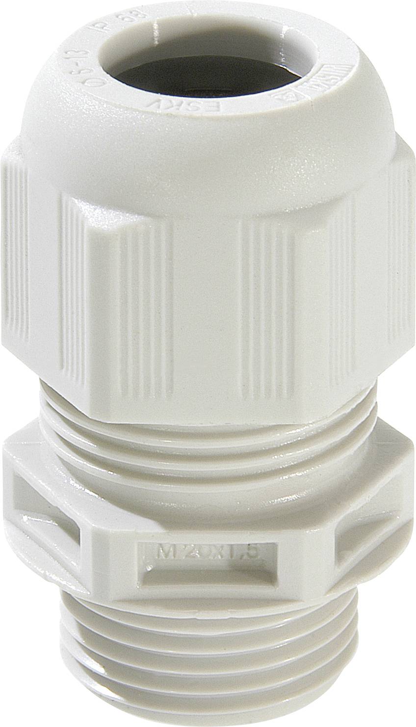 A white plastic cable gland. Suitable for securely routing cables through enclosure walls.