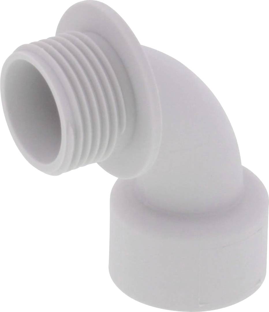 White plastic pipe elbow with thread, showing a 90-degree bend for pipe connection systems.