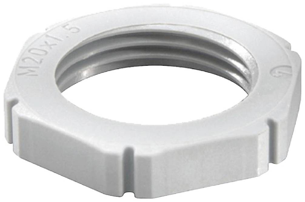 Hexagonal locking nut with M20x1.5 thread, grey, plastic. Lateral grooves increase grip.