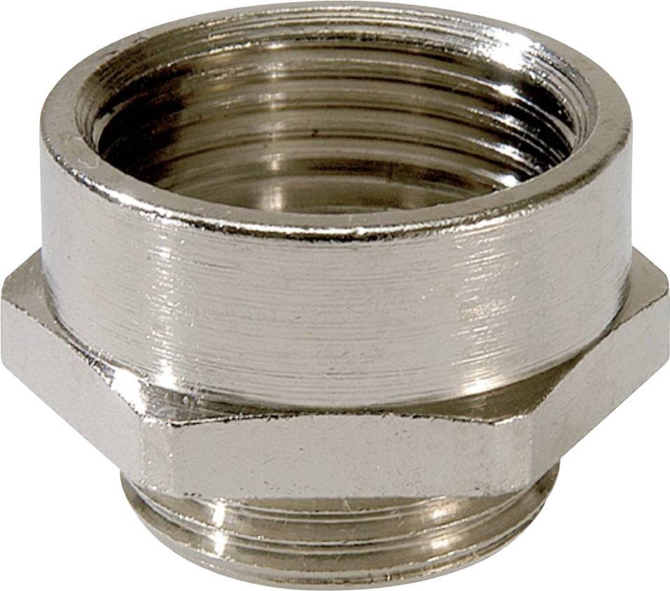 A silver metal threaded adaptor piece used for connecting two different pipe diameters.