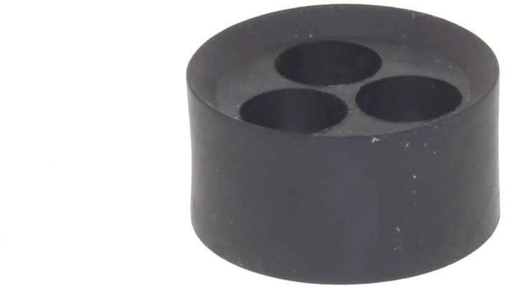 Black, round rubber stopper with three indentations.