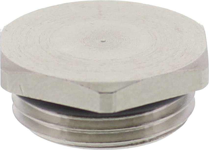 A stainless steel hexagonal-headed bolt seated on a thread. Used in mechanical or plumbing applications.
