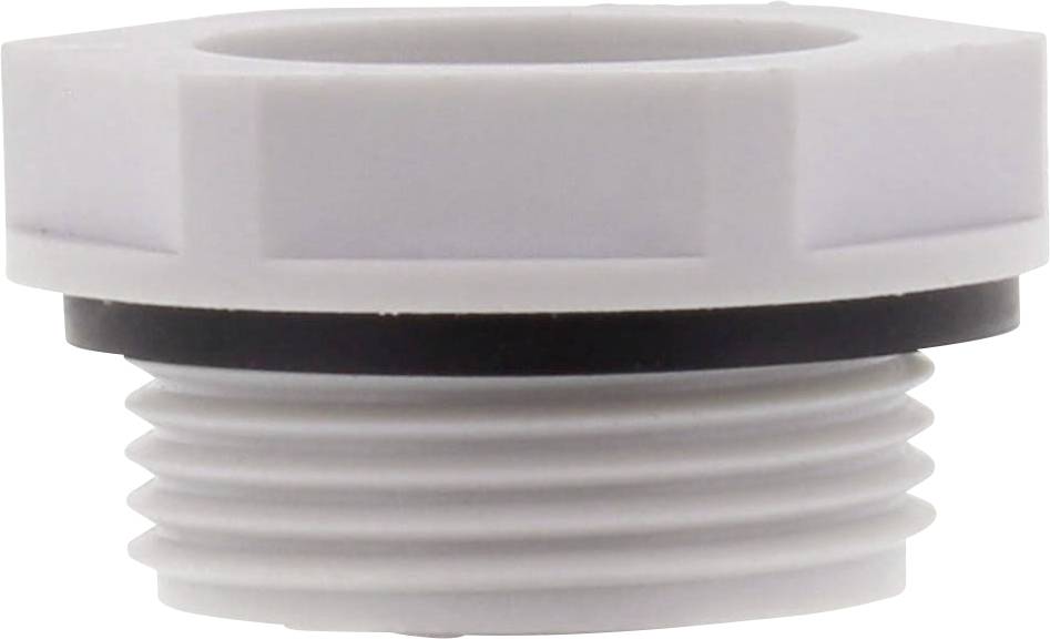 A white, round plastic thread with a black seal, commonly used for pipe connections in household installations.