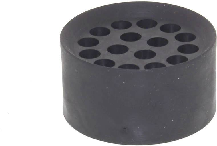 Black round rubber foot with 18 round holes, used as a shock absorber or non-slip base for furniture.