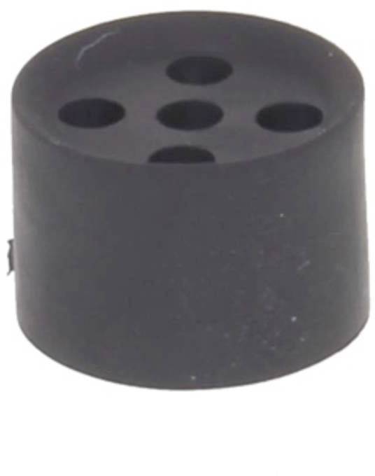 A black, cylindrical rubber buffer with six holes on the top surface.