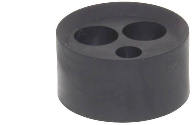 A black, round silicone bung with three holes of varying sizes, suitable for applications in laboratories or industrial settings.