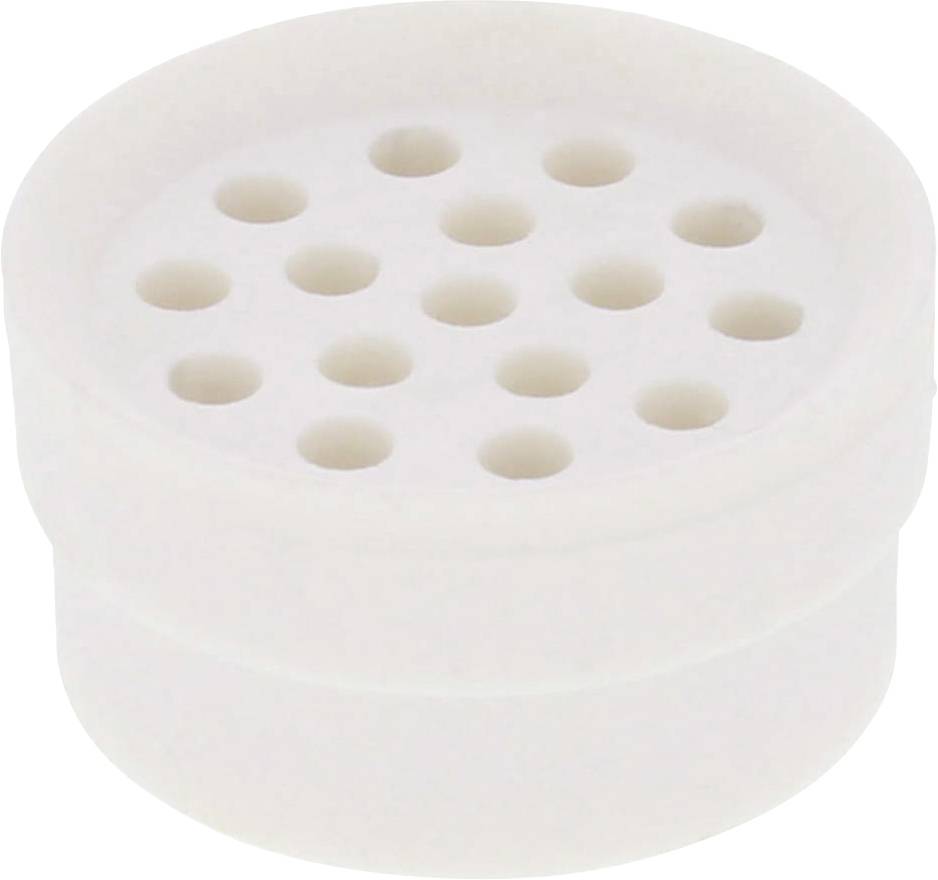 A round, white plastic lid with several evenly distributed holes, presumably developed for ventilation purposes.