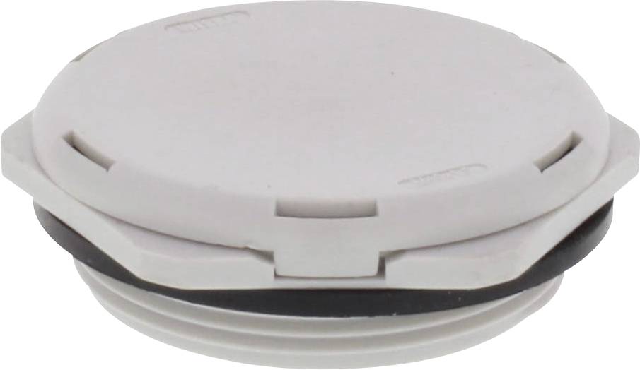 Round, white plastic lid with side openings and a black sealing ring underneath. Used for sealing or covering.