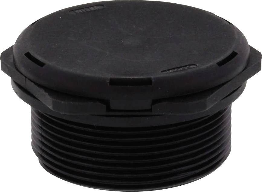 A black, round screw cap with grooves on the side.