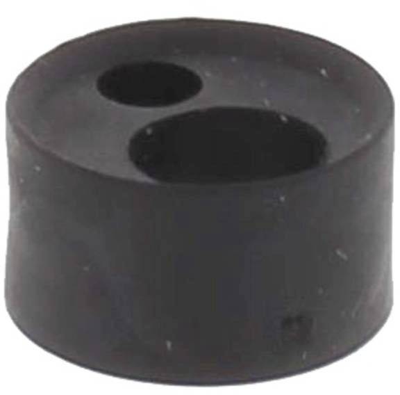 Black rubber bung with two differently sized holes.