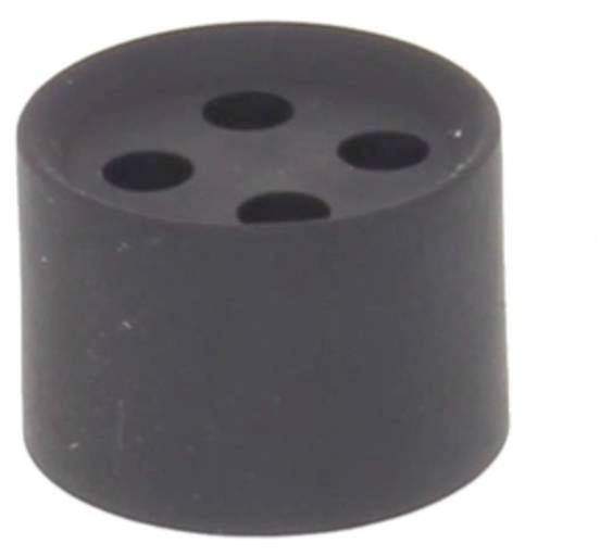 A black round cylinder with four evenly distributed holes on the top surface.