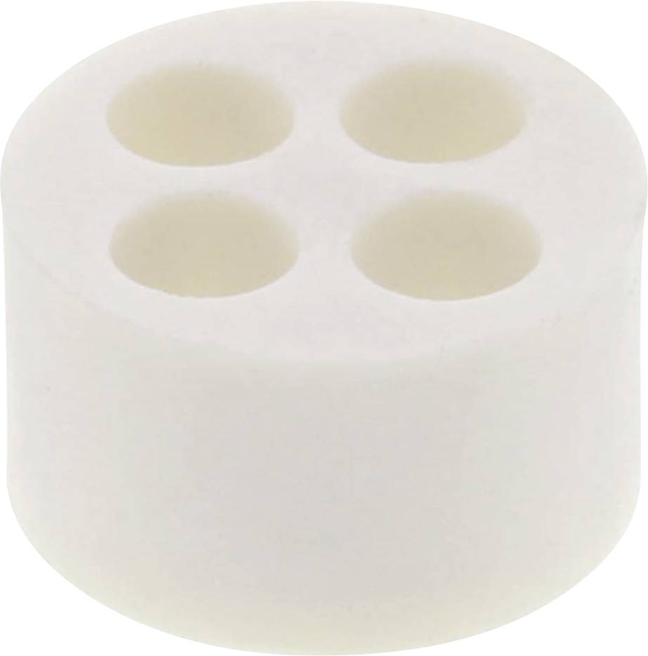 A cylindrical, white object with four evenly distributed, round indentations on the top surface.