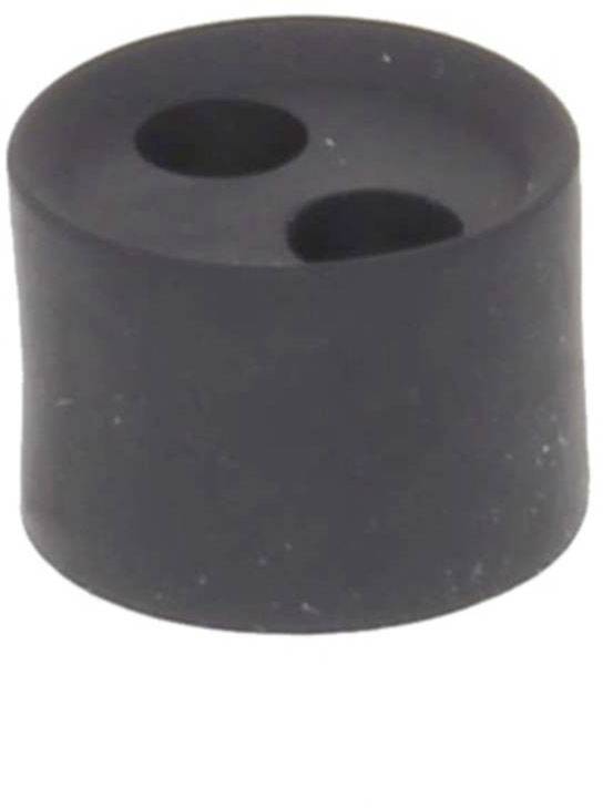 Black rubber bung with two holes, typically used as a stopper or seal in laboratory equipment.