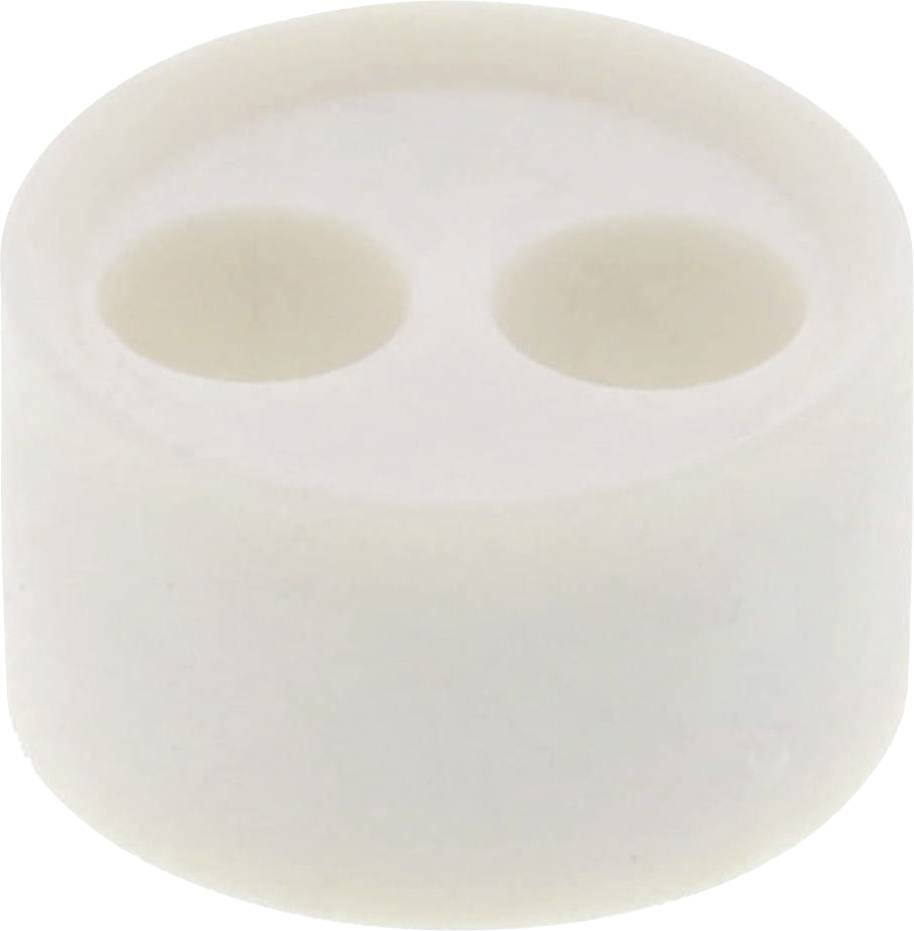 A white, cylindrical plastic button with two circular holes, suitable for use on clothing items.