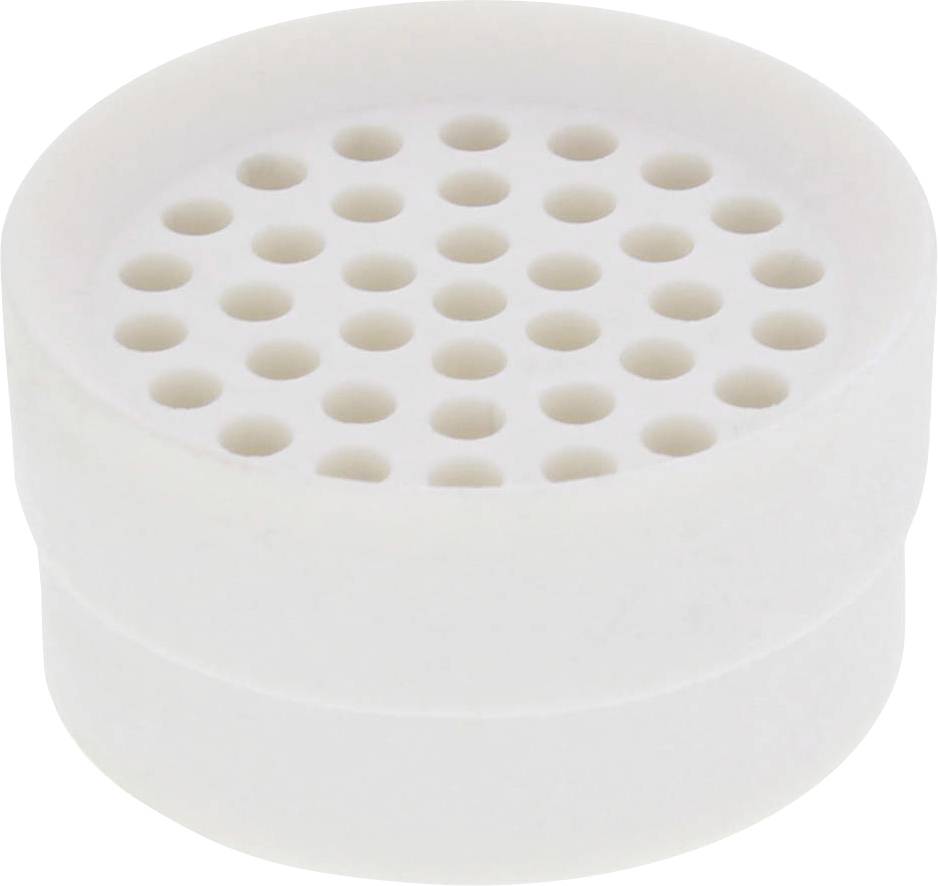 A white cylindrical object with several round holes on its top surface, possibly a ventilation element or filter.