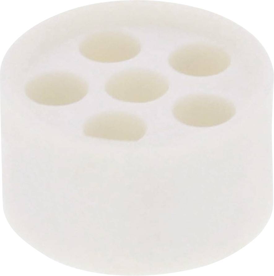 White circular object with six holes on the top surface, resembling a dice cup, potentially for laboratory use.