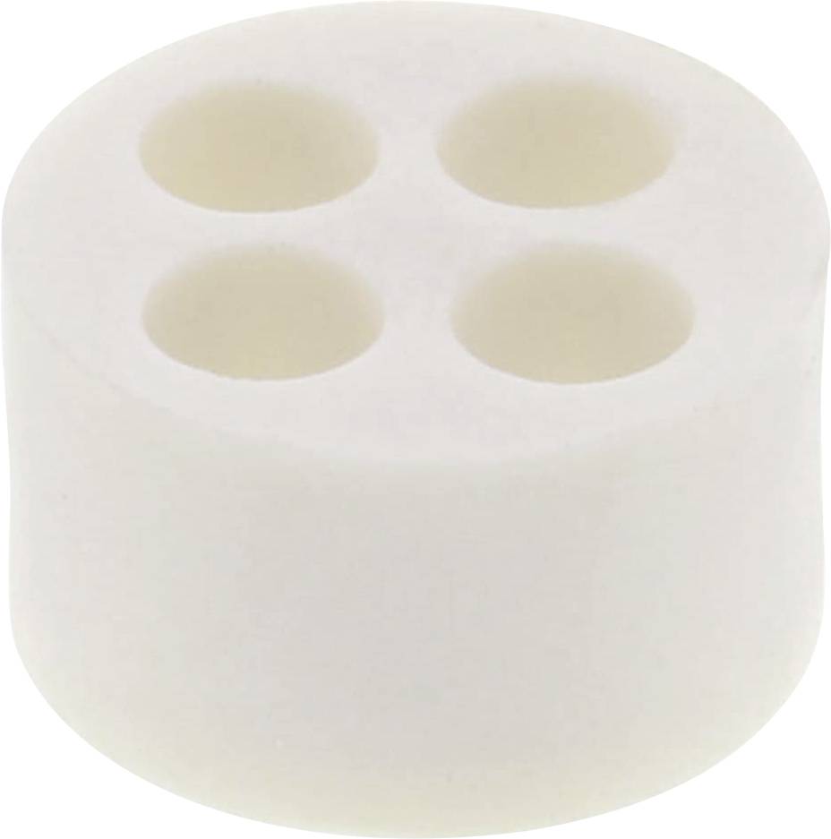A white, cylindrical block with four evenly distributed holes on the top surface.
