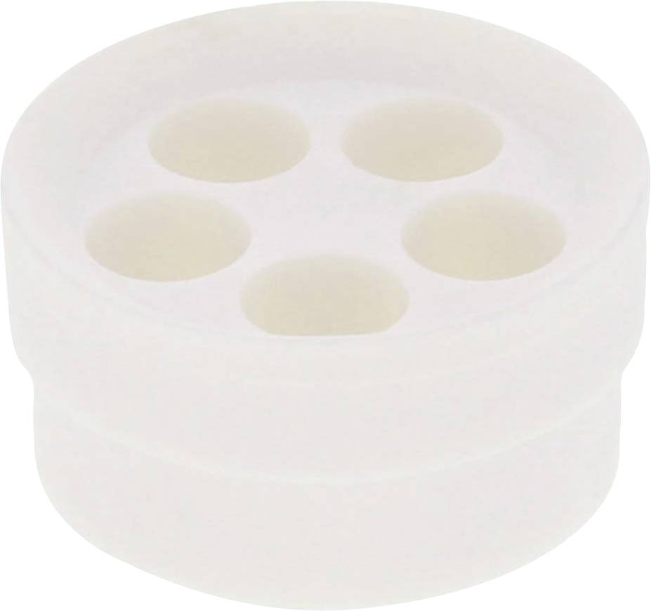 Round, white plastic component with four evenly distributed holes. Could serve as an adapter or seal in technical applications.