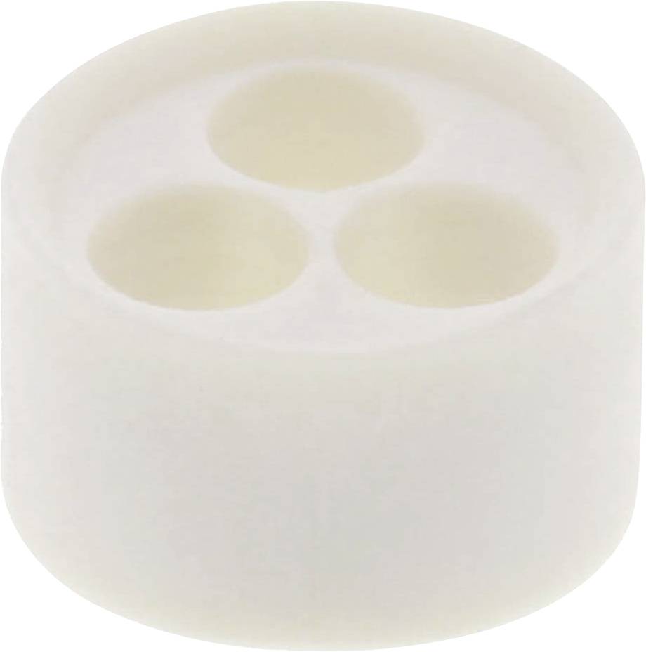 A white cylindrical plastic block with three vertical holes at the top.