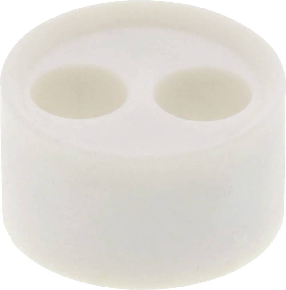 A white cylindrical rubber damper with two circular recesses on its top surface.