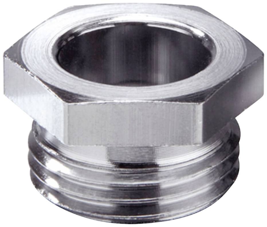 A hexagonal metal nut with a shiny surface and internal thread, set against a white background.