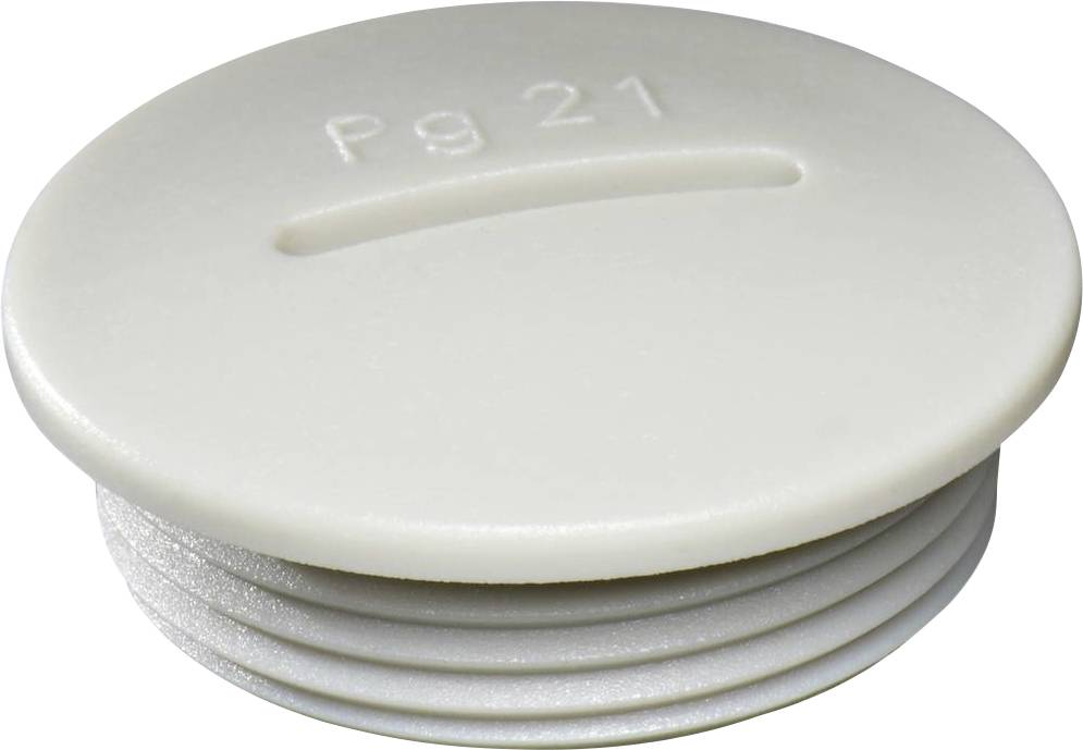 A white, round plastic stopper with the inscription 'Pg 21'.
