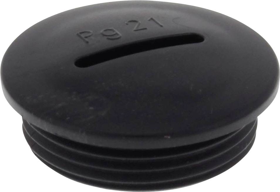 Black plastic threaded plug with the inscription 'Pg 21C' on the top surface.
