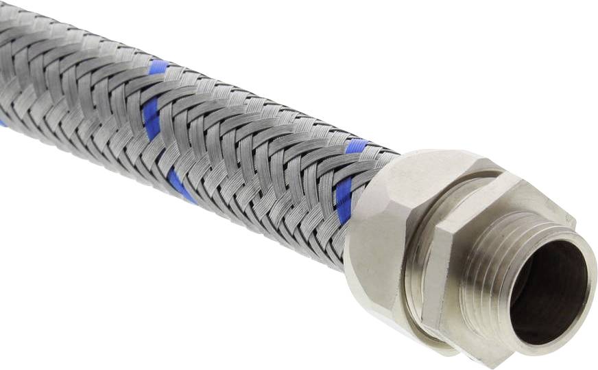 Grey braided stainless steel hose with blue details and a metal connector. Suitable for water or gas connections.