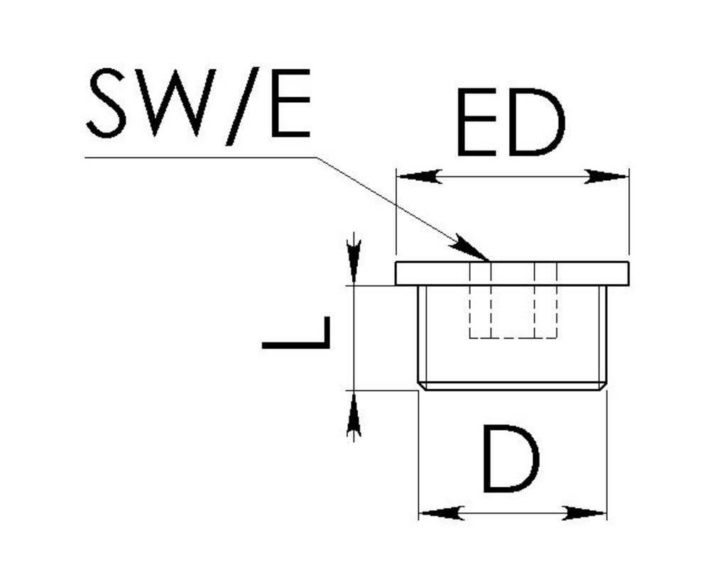 Drawing of a cylindrical object with labels: 'SW/E', 'ED', 'D'. Arrows indicate the object's dimensions.