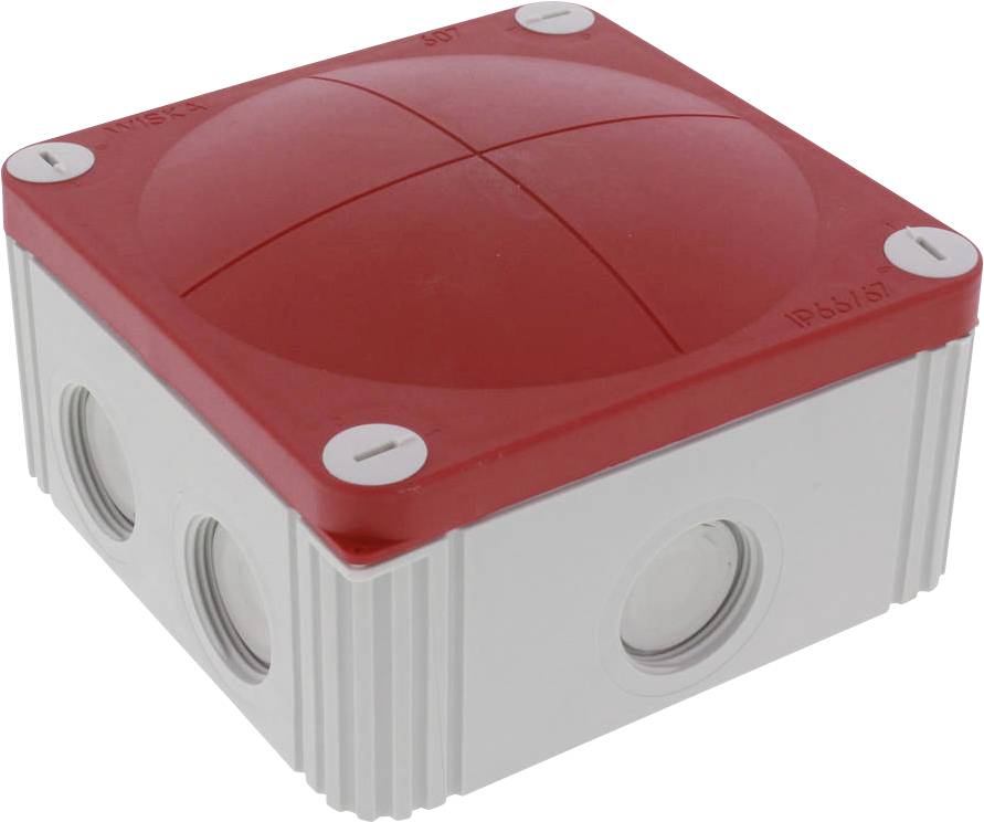 Red junction box with silver casing. Four round openings on the sides. Suitable for electrical installations.