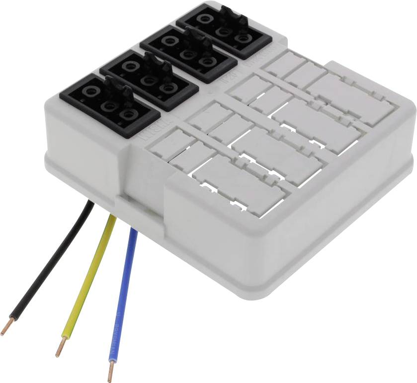 An electrical terminal block with connected cables in black, yellow, and blue.