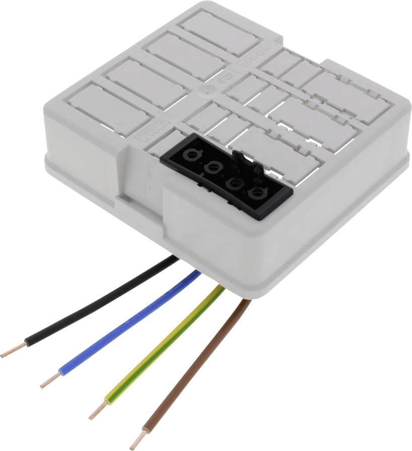 An electrical terminal block with multiple coloured cables protruding from a grey plastic base.