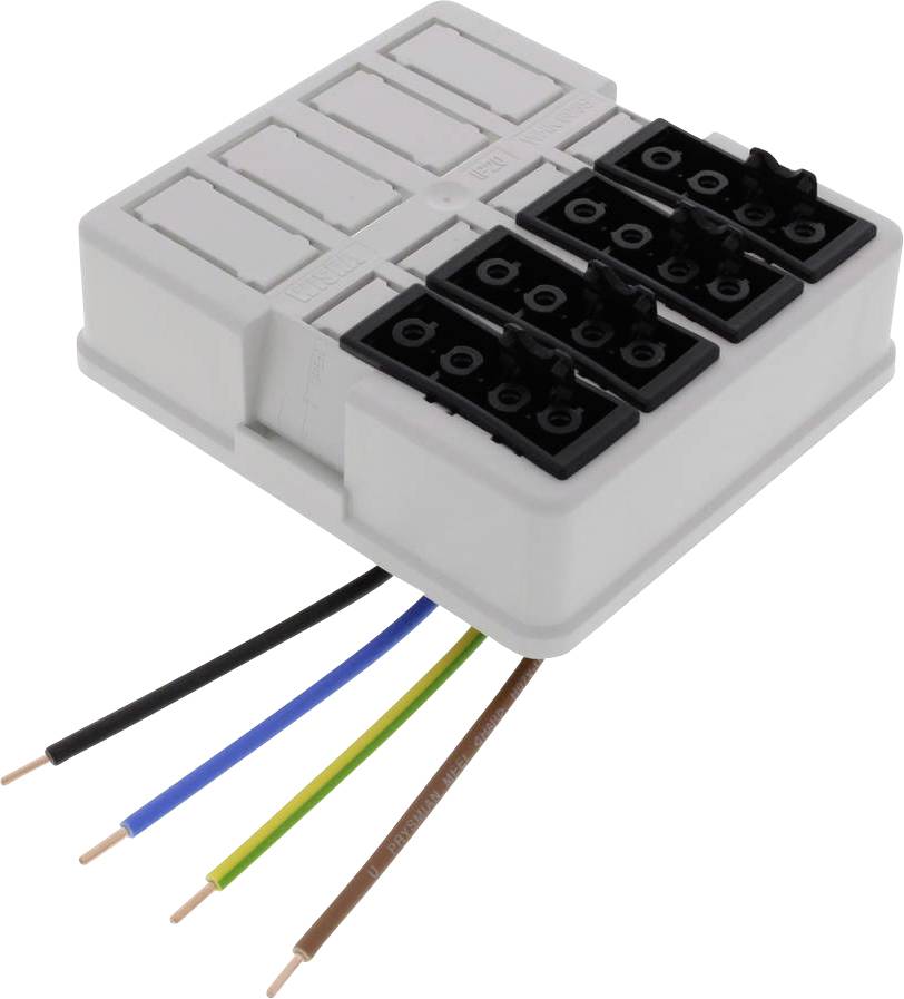 A grey electrical distribution block with coloured, stripped wires: black, blue, green-yellow, brown.