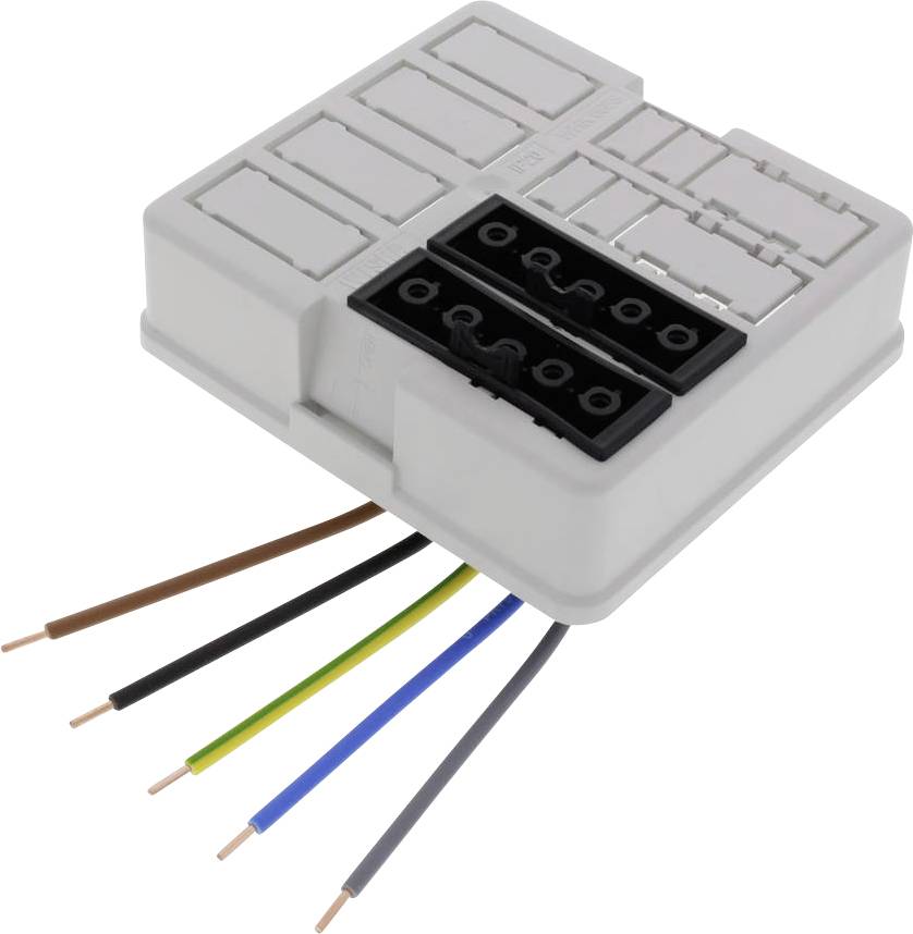 An electrical connection terminal with multiple connection points and various coloured wires leading out from the terminal.
