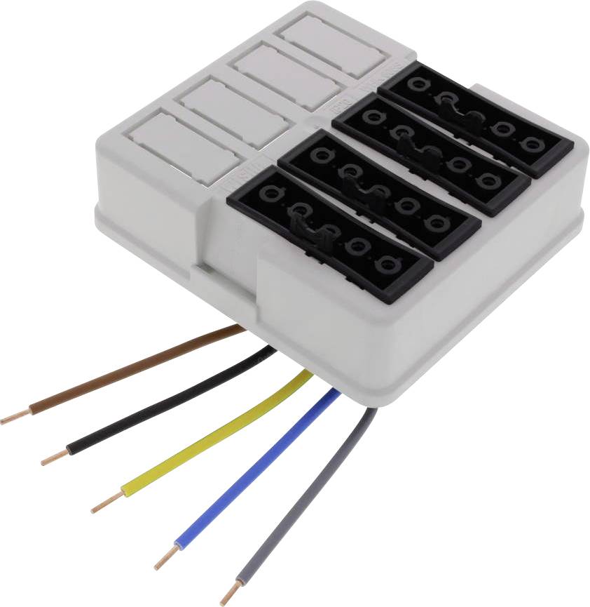 An electrical terminal block with six coloured wires: brown, red, yellow, blue, black and grey, protruding outwards.