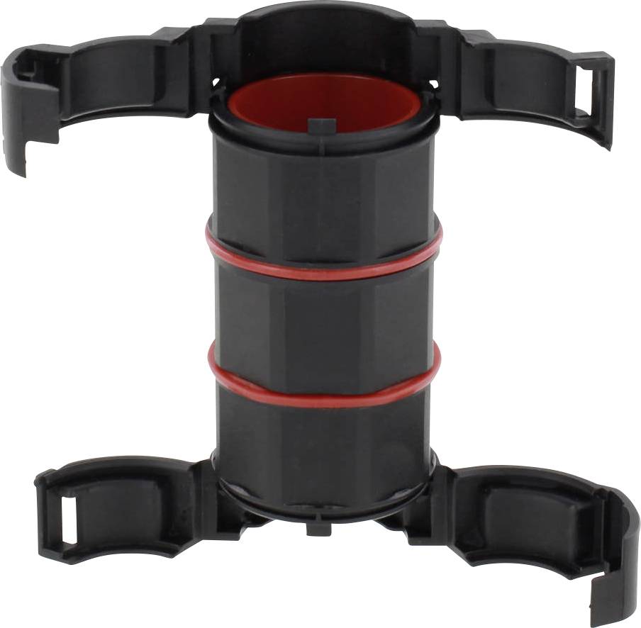Black plastic mounting bracket with red sealing rings and four foldable gripping arms; presumably for securing pipes.