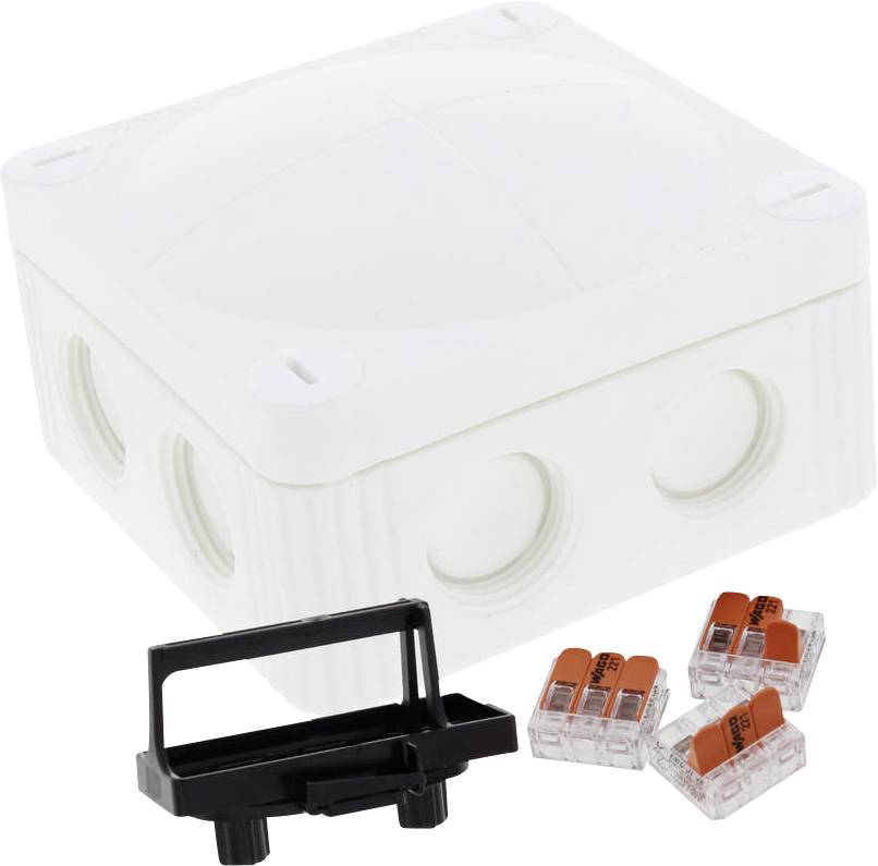 White junction box with four cable connectors and black mounting brackets, suitable for electrical installations.